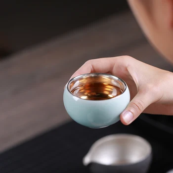 

50ml Longquan Celadon Teacup 999 Silver Ceramic Cup Container Tea Ceremony Master Small Tea Bowl Drinkware Teaware Decor Crafts
