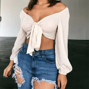 

Sexy Women Crop Top Slash Neck Blouse Summer Bow Lace Up Flare Sleeve Shirts Cropped Tops Streetwear Feminino 2019 New