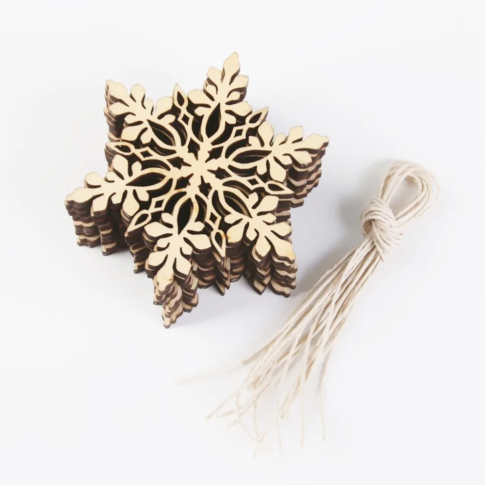 Unfinished Natural DIY Wood Slice Xmas Ornaments Cut Wood Slices Tags Snowflake Cutout for Holiday Season 10pcs