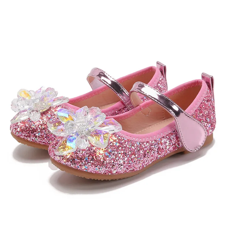 

2020 New Children Big Girls Dance Shoes Bling Sequins Crystal Flower Flat Heels Princess Shoes for Kids Girls Pink Soft Sole