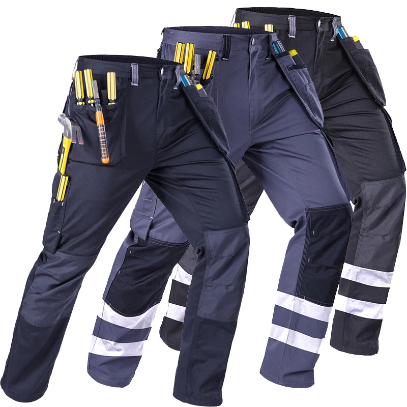 Durable Carperner Mechanic Work Pants With Reflectors and Multi Pockets Mens Cargo Trousers Construction Working Trousers