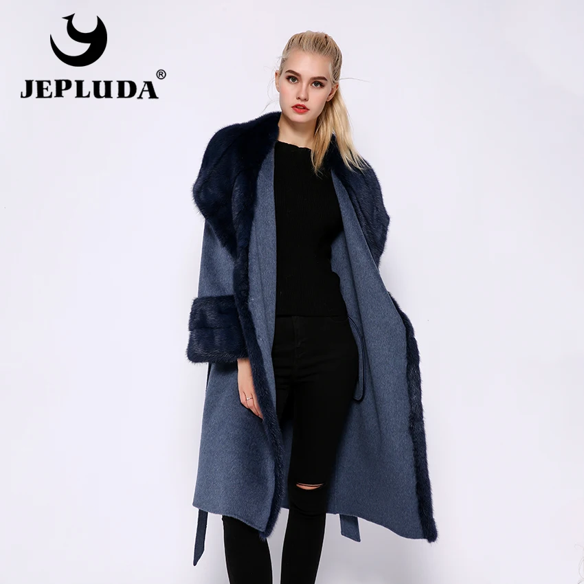 JEPLUDA Высокое содержание 100% шерсти пальто женское кашемир с мехом большого