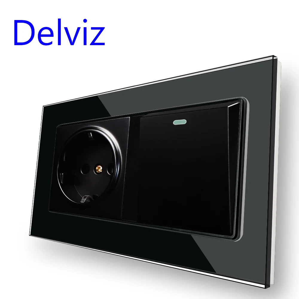 Delviz Wall Double 16A Outlet, With 5V 2A USB charging Ports,AC 110V~250V, Black Tempered Crystal Glass Panel EU Standard Socket