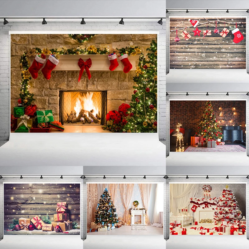 Christmas Style Photography Background Christmas Decoration Tree Retro Vintage Wooden Wall Fireplace Christmas Backdrops Prop