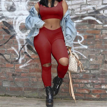 

Women Pants Ladies Slim Skinny Ripped Hole Pants Women High Waist Ripped Leggings Solid Color Ladies Pencil Trousers