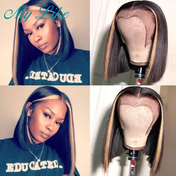 

My Like 13x4 Straight Highlight Lace Front Human Hair Wigs For Black Women Remy Ombre #27 Short Bob lace frontals Wigs 150%