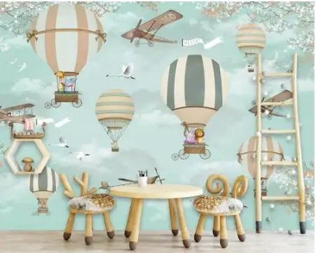 

Large 3d Wallpaper Hand-painted cartoon hot air balloon fairy world children's Playground background wall 3D wallpaper