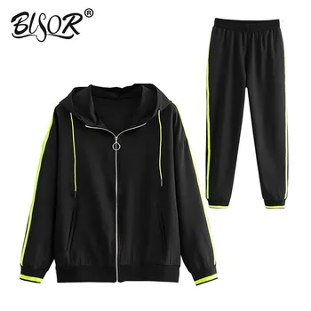 

Women Side Stripe Hoodies Set 2019 Autumn Ladies Chic Street wear black Pullovers Oversize Jacket Girls Joggers Two Piece Set