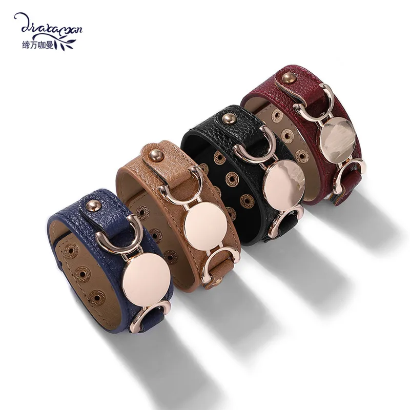 

Dvacaman 2019 New Simple Leather Bracelet for Women Round Metal Button Big Statement Bracelet&Bangle LOVE Women Mom Gift Jewelry