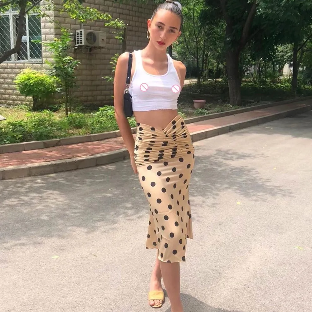 Женская летняя Осенняя Сексуальная плиссированная юбка цвета хаки с высокой талией, прямая элегантная узкая юбка средней длины, юбки в горошек