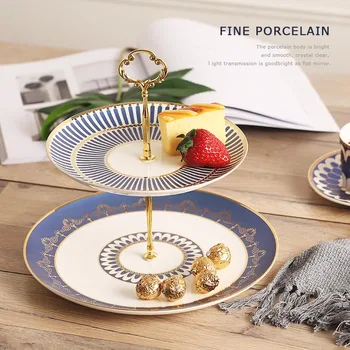 

Nordic Style Double Layer Cake Stand Ceramic Bone china Tableware Fruit Cake Dessert Plate Wedding Party 2 Layer Cake Tray Decor