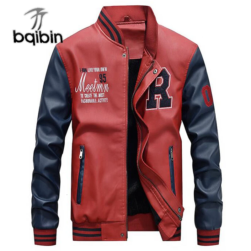 Leather Jacket Men Casual Fleece Thicken Faux Leather Coats College Basebal Moto Biker Bomber Jackets Jaqueta De Couro Masculino
