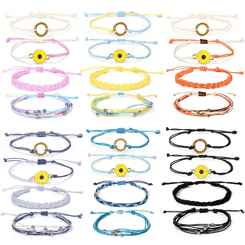 Meetvii New Sunflower Waterproof Wax String Bracelets Set Handmade Braided Rope Charms Boho Surfer Bracelets for Girl Women - Image 2