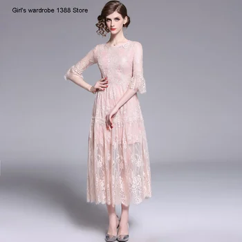 

Spring 2020 French style over knee crew neck mesh trumpet sleeve out lace super fairy dress