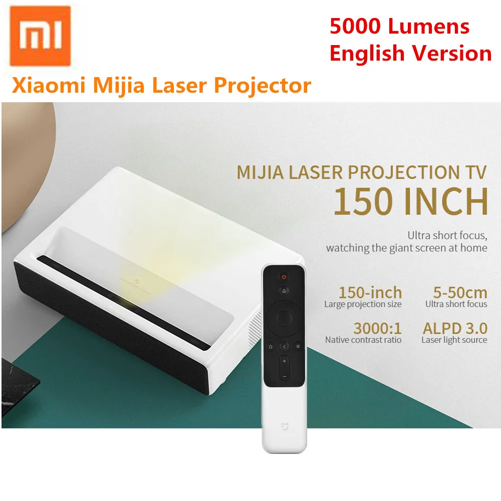 

Xiaomi Mijia Laser Projector Ultra Short Throw 5000 Lumens 3000:1 T968 Cortex-A53 4-core 4K Android 6.0 ALPD 3.0 English Version