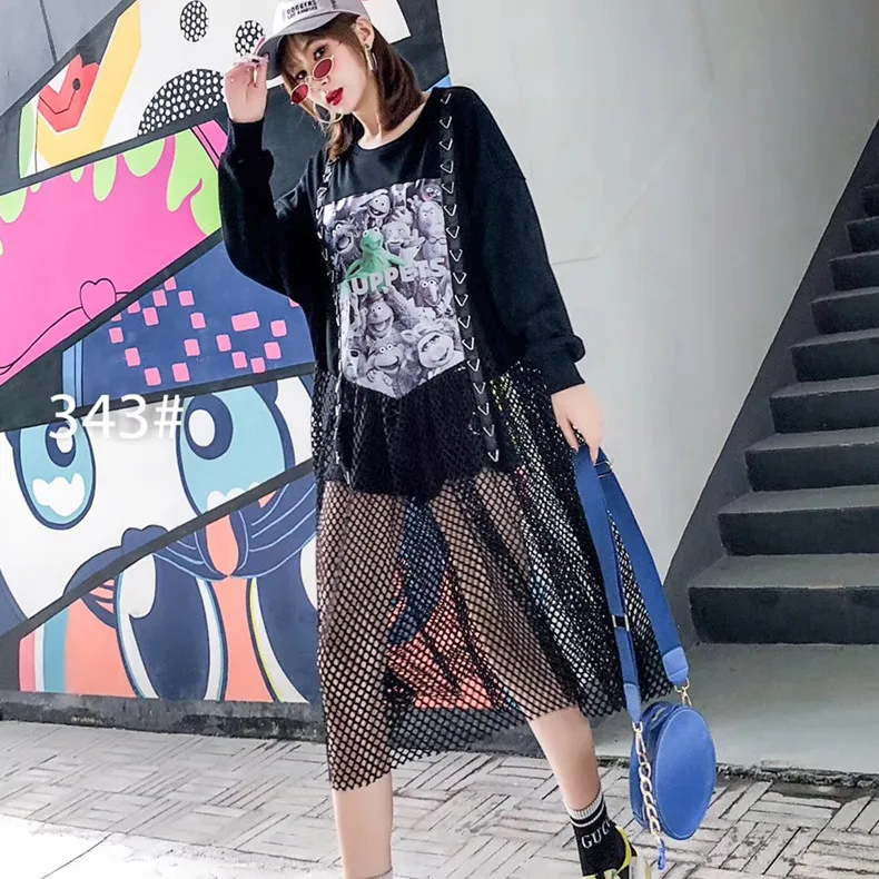 

Fall Mesh Grid Spliced Hollow Out Dress Cartoon Patchwork Long Sleeve Dress Casual Loose O-Neck Black Dress One Piece