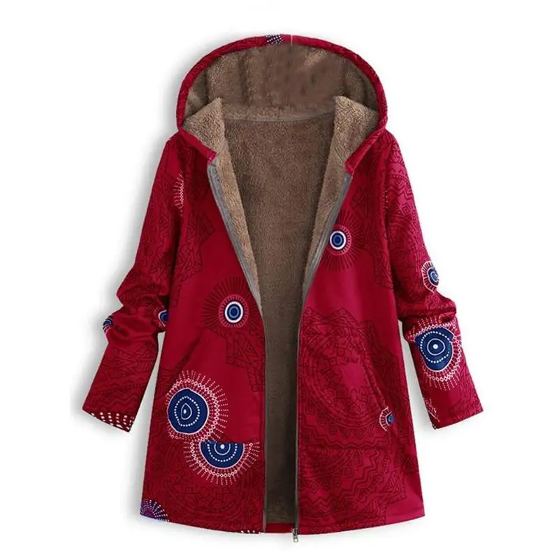 Зимняя куртка Для женщин пальто теплая, с карманами, на молнии с принтом в этническом стиле Стиль верхняя одежда с капюшоном и карманами; облегающие ботфорты раз куртки дропшиппинг - Цвет: Red