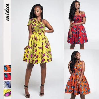 

Fashion African Dresses for Women Summer Tilting Shoulder Bandage Party Africa Style Bazin Riche Dashiki Print Dress Beach Robes