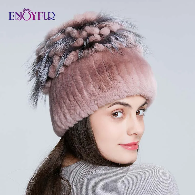 ENJOYFUR зимние шапки из меха кролика Рекс, на толстой подошве, женская теплая Cap top вязаная Цветочная форма русский женская меховая шапка - Цвет: 103