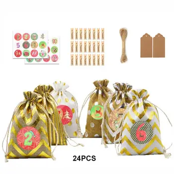 

24pc Advent Calendar Bags Burlap Drawstring Gift Bags With Clips Stickers Rope DIY Countdown Christmas Advent Calendar Bags