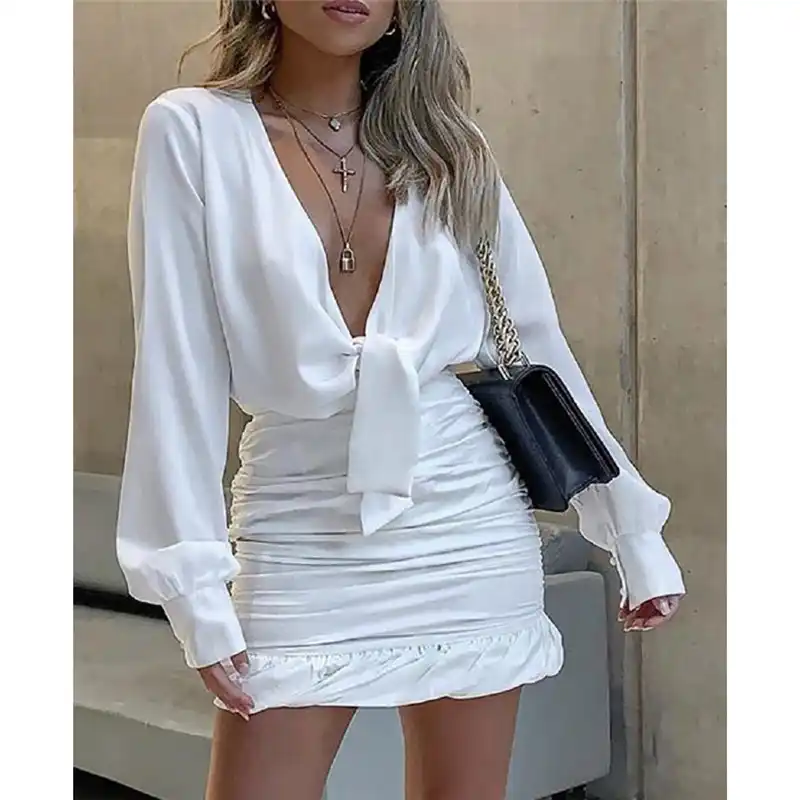 white plunge ruched shirt dress