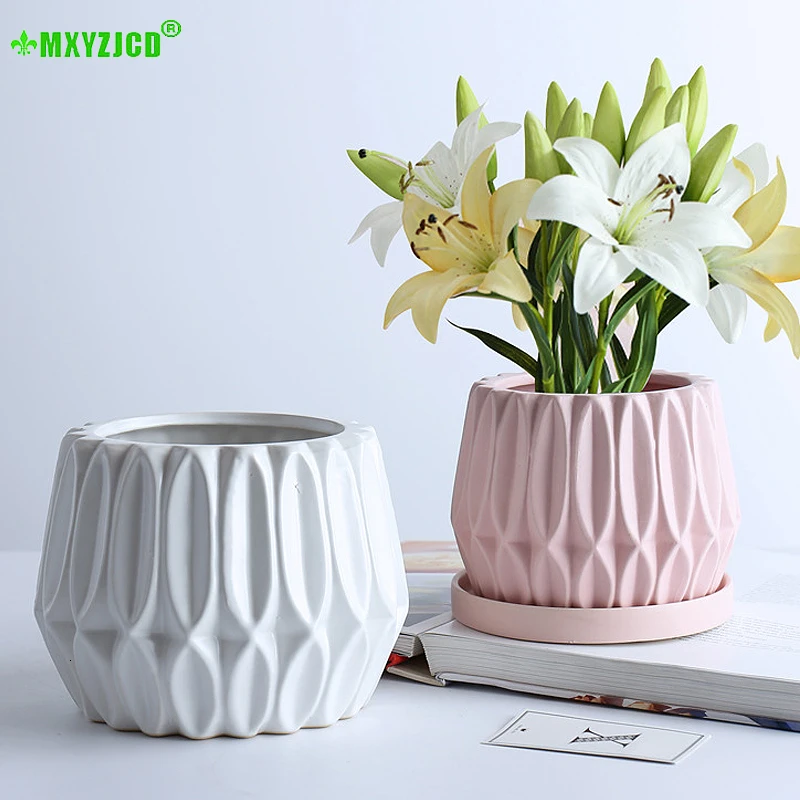 

Round Ceramic Flower Pot Simple Tray Desktop Flower Arrangement Container Geometric Sculpture Crafts Home Decoration