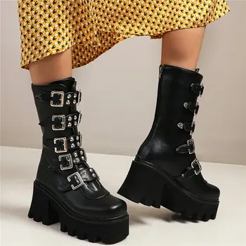 baratas 2020 Sapatos Casuais Das Mulheres Rendas Até Chunky Salto Alto Tornozelo Botas Femininas De Salto Alto Dedo Do Pé Redondo Plataforma Bombas Sapatos Punk Goth Creepers