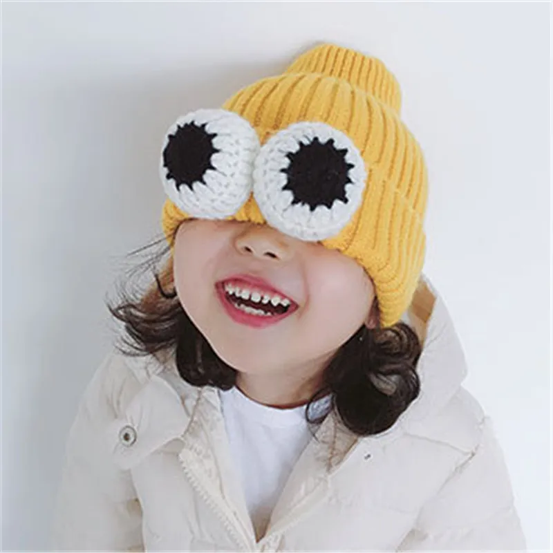 Желтые забавные детские шапки с изображением животных из мультфильма «большой глаз», теплые вязаные зимние шапки для девочек и мальчиков, теплые детские вязаные шапки, милые детские шапки