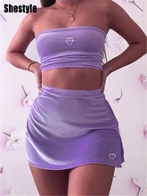 

Shestyle Velvet Tube Crop Tops Sexy Slit Mini Skirts Heart Diamond Summer Spring Women Two Pieces Sets Stylish Sweet Y2K