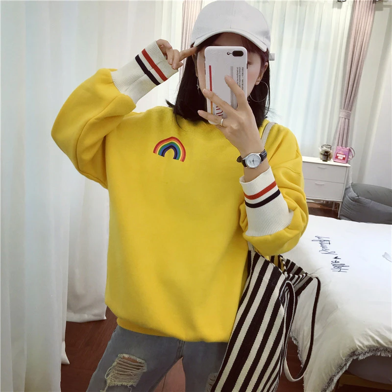 Sweet Print Women Hoodie Loose O-neck Pullover Chic Rainbow Hoodies Sweatshirts Casual Long Sleeve Thick Warm Female Sweatshirt