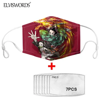 

ELVISWORDS Animel Mouth-Muffle With 7 Pieces PM 2.5 Face Mask Filter Demon Slayer Kimetsu no Yaiba Print Mouth Mask for Teenager