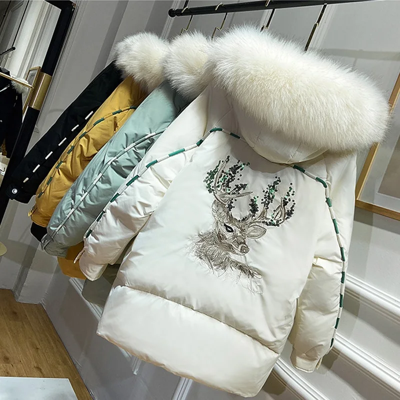 

New style 90% white duck down jacket women's winter clothes fashion Raccoon big fur collar hooded mid-length embroidery coat