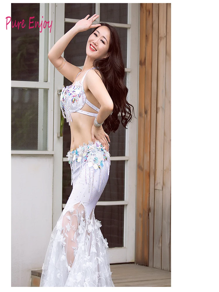 Женский костюм для танца живота Spandex Belly Dance Set Платье Танец живота Сексуальный бюстгальтер рыбий хвост Набор платьев - Цвет: Белый
