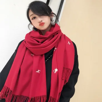 

Embroidered Deer Couple Scarf Female Korean Version of The New Joker Christmas Scarf Warm Padded Long Shawl Wholesale