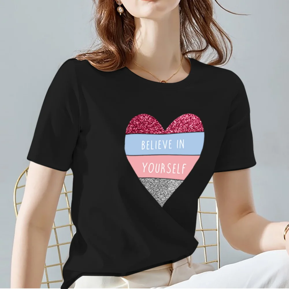 Women Tops Tee Black All-match Casual Ladies T-Shirts O Neck Love Heart Pattern Print Commuter Short Sleeve Women's Clothing friends t shirt