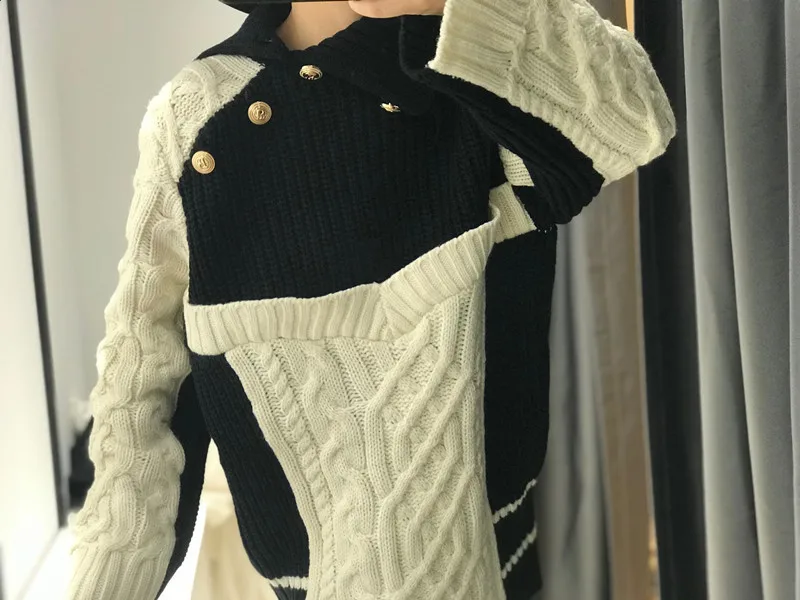 female Sweater autumn and winter new design sense high collar split knit sweater