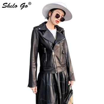 

Genuine Leather Jacket Black Streetwear Zipper Up Turn Down Collar Long Sleeve Jacket Autumn Casual Women Coat And Outwear