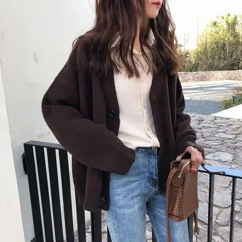 

Retro Solid Color Single-Breasted Sweater Coat Loose Batwing Sleeve Knitted Cardigan Plus Size Short Sweater