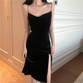 2020 nuevo vestido de las mujeres de la correa de espagueti de hendidura terciopelo negro vestido Sexy Bodycon vendaje vestido Midi vestido de fiesta, Vestidos de Verano