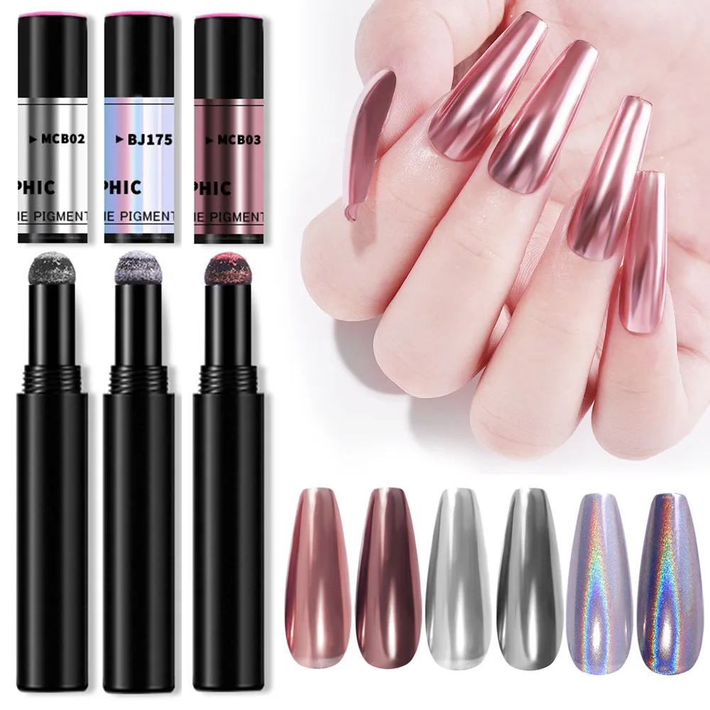 

3 PCS Nail Powder Cushion Pen Jelly Nail Art Glitter Mirror Laser Effect Nails Holographics Chrome Powder 0.5g