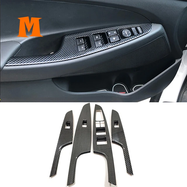 2015 16 17 18 2019 For Hyundai Tucson ABS Matte/Carbon Car Armrest Window Glass Lift Switch Button Trim Cover Accessories 4pcs Carbon-Glass Lift