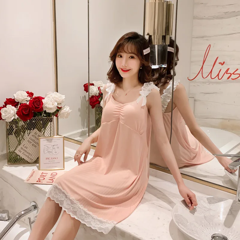 Sanderala Sexy Women Lace Sleepdress Plue Size Lingerie Cute Nightdress Soft Thin Female Padded Underwear Nightgown Home Wear