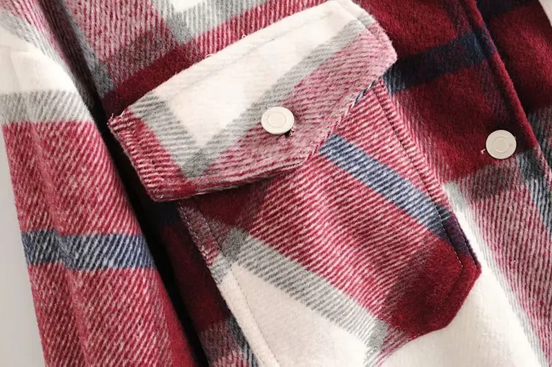 Winter Plaid Shirt Jacekt Loose Oversize Woolen Coat Women Vintage Button Jacket Windbreaker