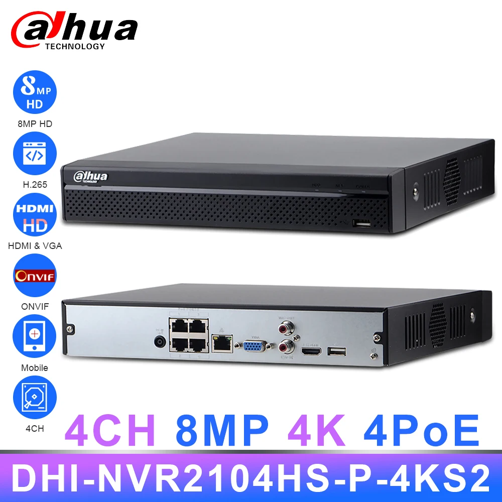 Оригинал Dahua NVR 4CH 4PoE 8MP 4K NVR2104HS P 4KS2 80 Мбит/с пропускная способность видео