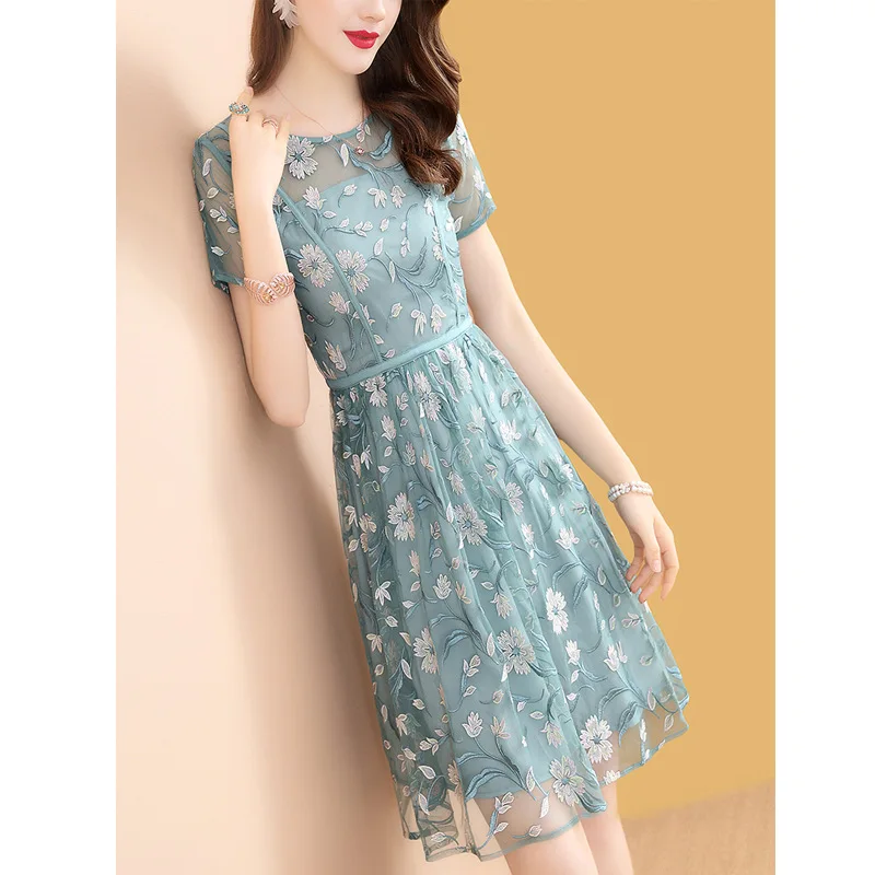 

Joint Short Sleeve Embroided Dress Women's Mid-length 2019 New Style Summer Popular A- line Skirt Sub-