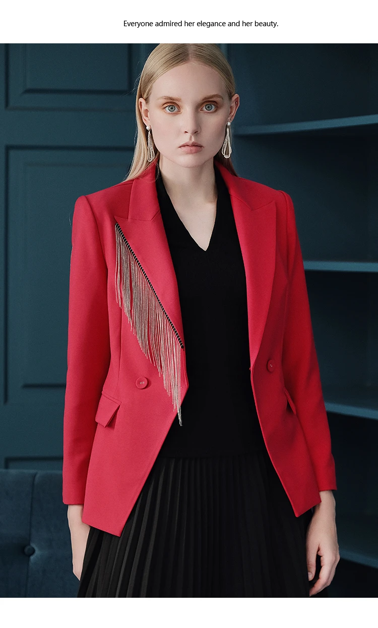 Classic Slim Fit Women Blazer Notched Collar Female Suits Coat Fashion Autumn Winter Runway Tassel Design Red Black Jacket