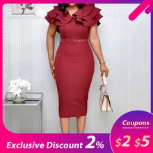 Mid-Calf Falbala Short Sleeve Pullover Plain Dress Women Summer Ruffle Elegant Wine Red Bodycon midi Dress(with belt