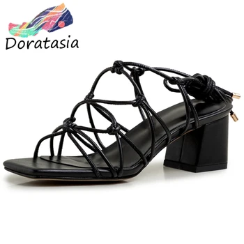 

DORATASIA Elegant Solid Color Ankle Wrap Shoes High Heels Sandals Women 2020 New Fashion Brand Square Open Toe Sandals