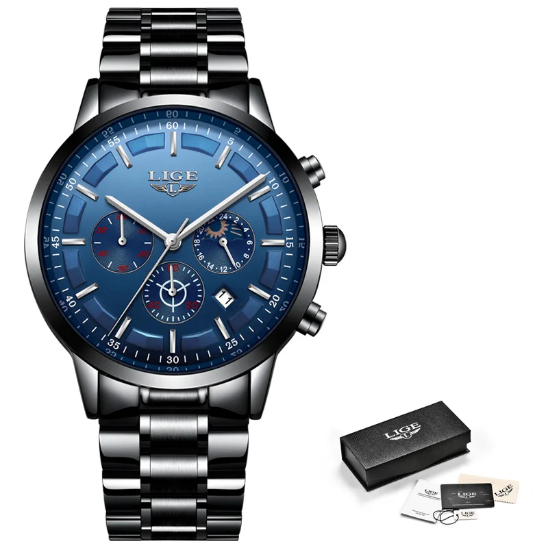 LIGE модные мужские часы, наручные часы Топ бренд класса люкс повседневные кварцевые часы мужские деловые из нержавеющей стали водонепроницаемые спортивные хронограф - Цвет: Black silver blue
