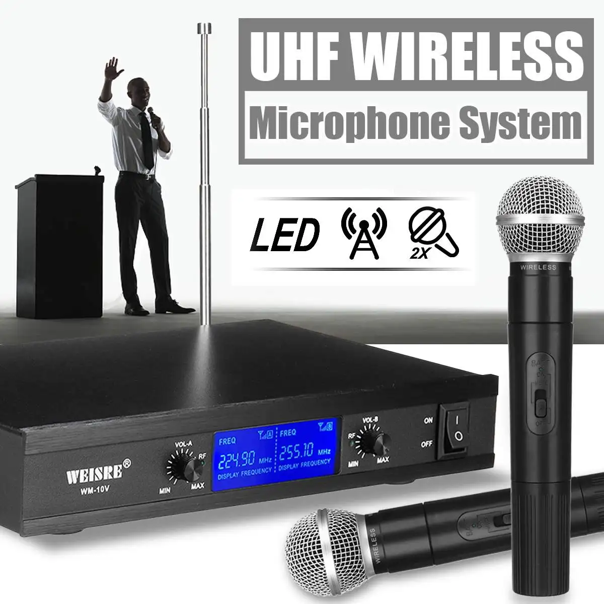 

Dual Professional UHF Wireless Microphones with 2XHandhelds Mic 2 Channel Receiver Karaoke Home Party Microphones System